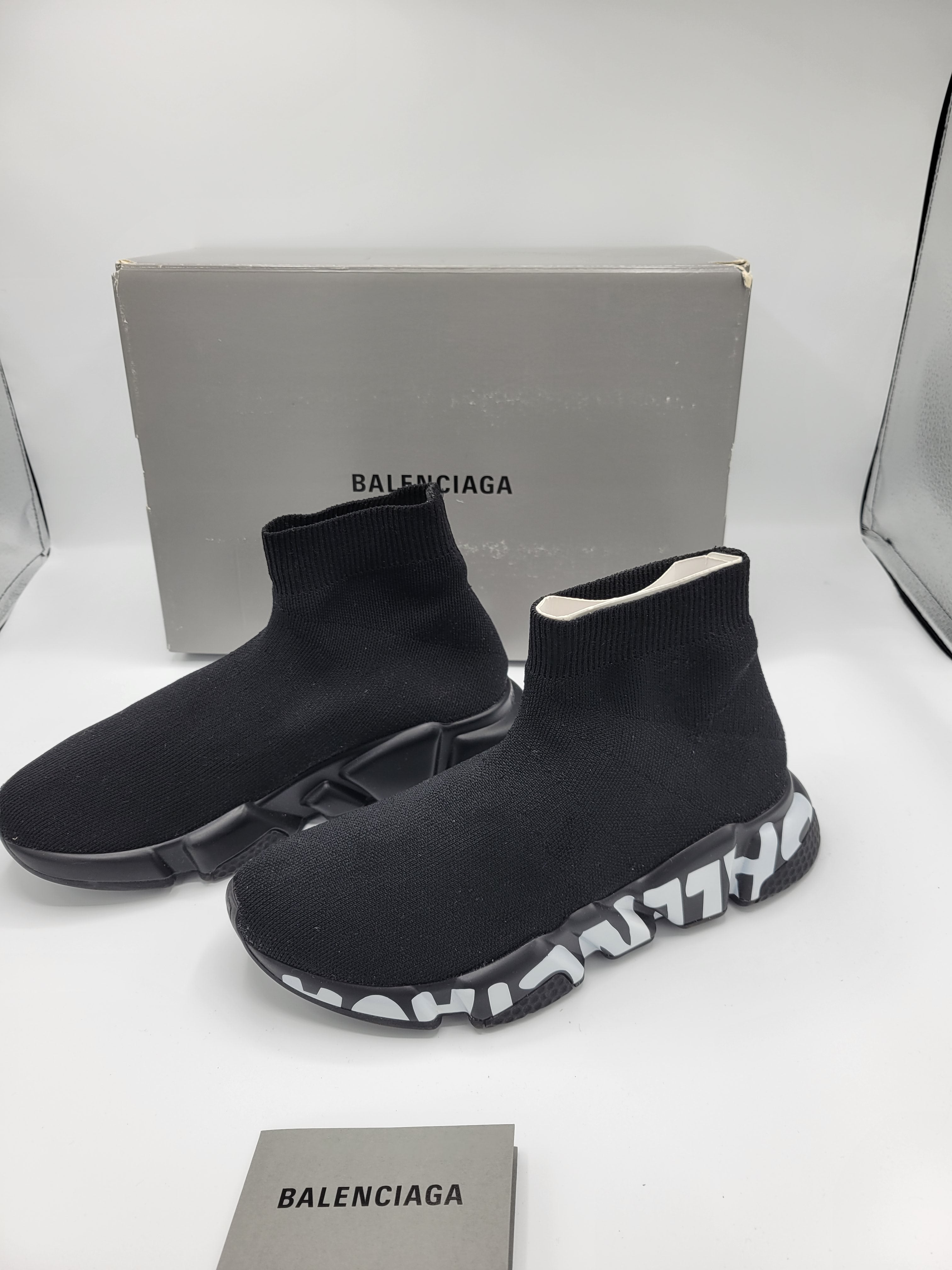 Balenciaga Women's Speed Lt Graffiti Sneakers in Black & Black & White SIZE 37