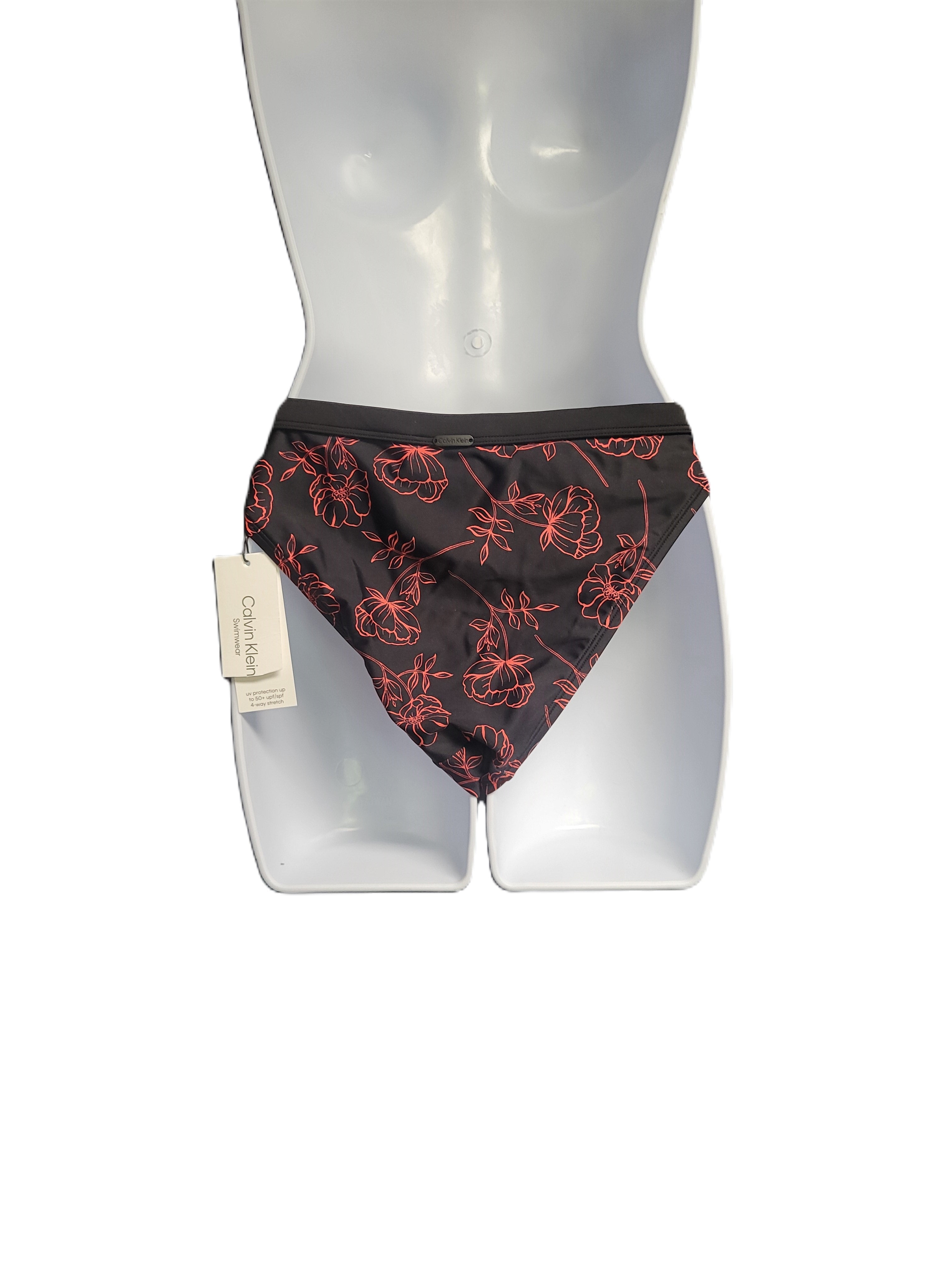 Calvin Klein Logo Ring Printed Bikini Bottoms - Black Energy Coral Floral Size Medium