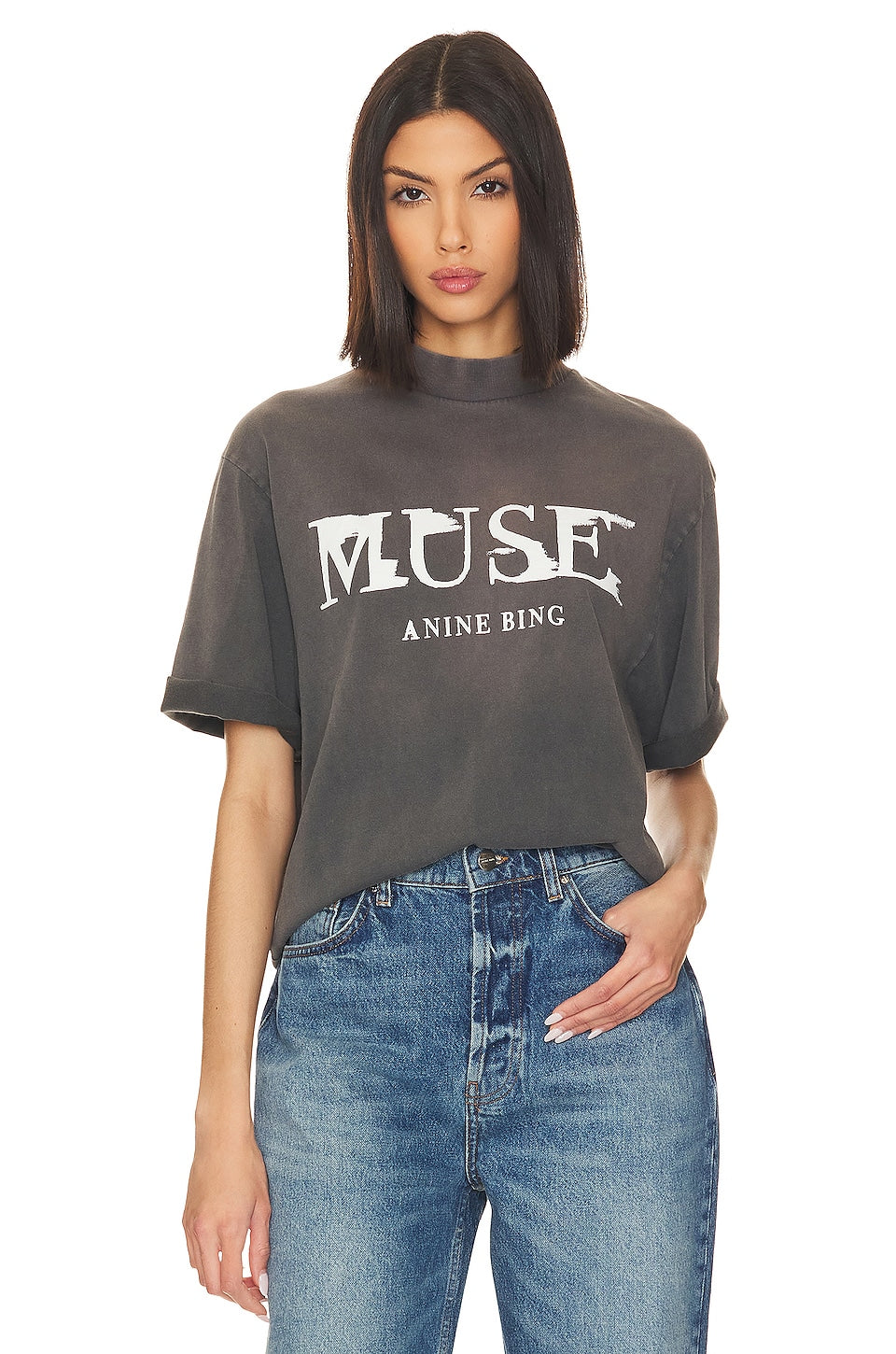 ANINE BING Wes Tee Painted Muse in Washed Faded Black Size Small
