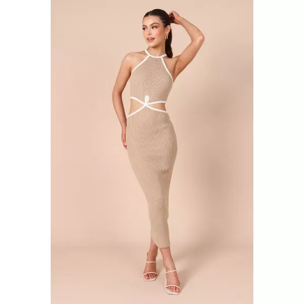 Petal And Pup Stasia Cutout Ribbed Maxi Dress - Beige NEW SIZE M/L