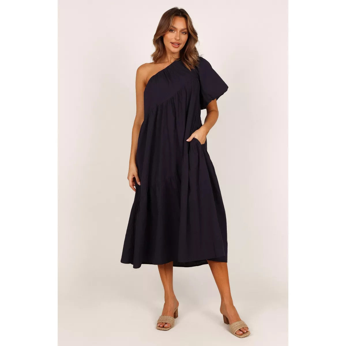 Petal and Pup Stephanie One Shoulder Puff Midi Dress - Navy MULTIPLE SIZES
