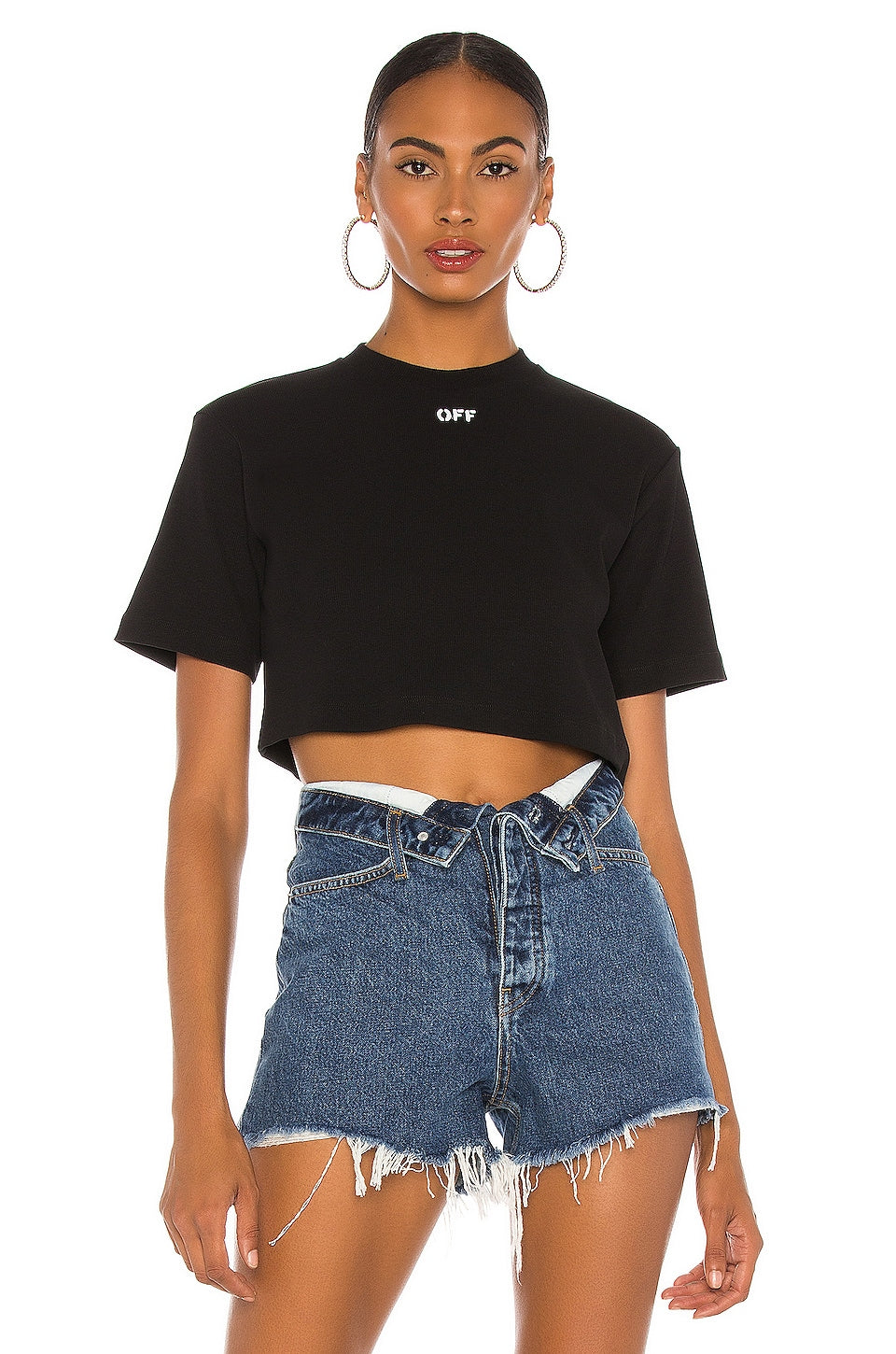 OFF-WHITE Rib Cropped Casual Tee in Black & White Size Small