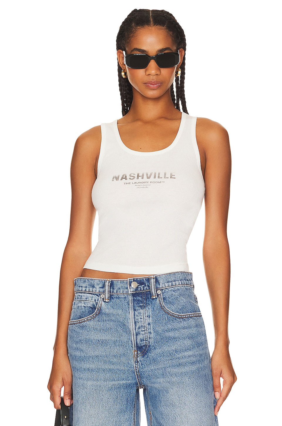 The Laundry Room Nashville Passport Stamp Rib Tank in White Size Small